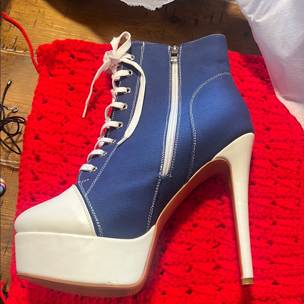 Blue and White Platform Heels with Lace-Up Design